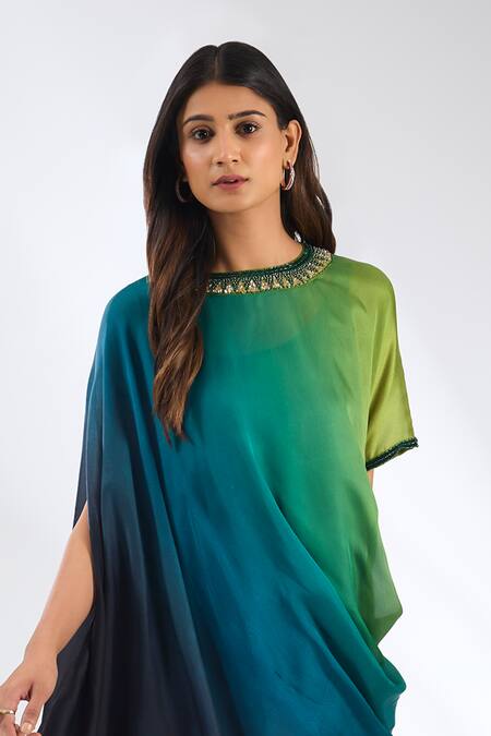 Buy_Anjali Kanwar_Green Satin, Crepe Beads, Sequins Round Neck Ombre Beaded Dress _Online_at_Aza_Fashions