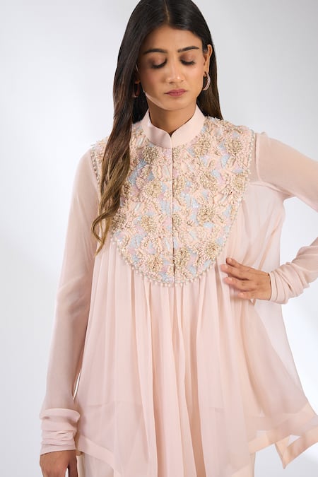 Anjali Kanwar Pink Chiffon, Viscose, Crepe Beads, Sequins Collared Beaded Top And Skirt Set Online at Aza Fashions Anjali Kanwar_Pink Chiffon, Viscose, Crepe Beads, Sequins Collared Beaded Top And Skirt Set _Online_at_Aza_Fashions