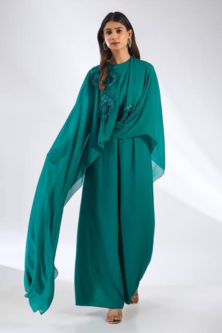 Buy Anjali Kanwar Emerald Green Georgette, Viscose, Crepe Beads, Sequins Round Beaded Jumpsuit Online at Aza Fashions Buy_Anjali Kanwar_Emerald Green Georgette, Viscose, Crepe Beads, Sequins Round Beaded Jumpsuit _Online_at_Aza_Fashions