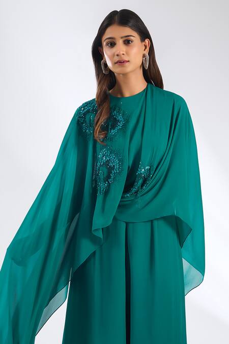 Shop Anjali Kanwar Emerald Green Georgette, Viscose, Crepe Beads, Sequins Round Beaded Jumpsuit Online at Aza Fashions Shop_Anjali Kanwar_Emerald Green Georgette, Viscose, Crepe Beads, Sequins Round Beaded Jumpsuit _Online_at_Aza_Fashions