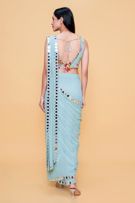 Shop Sajeda A Lehry Aqua Georgette Mirrors, Embroidery V-neck Solid Pre-draped Saree Set at Aza Fashions Shop_Sajeda A Lehry_Aqua Georgette Mirrors, Embroidery V-neck Solid Pre-draped Saree Set _at_Aza_Fashions