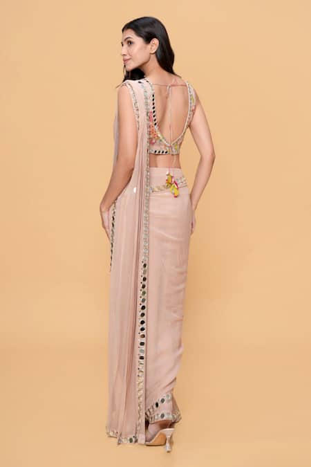 Shop_Sajeda A Lehry_Beige Georgette Sequins, Embroidery Designer Pre-draped Saree And Blouse Set _at_Aza_Fashions