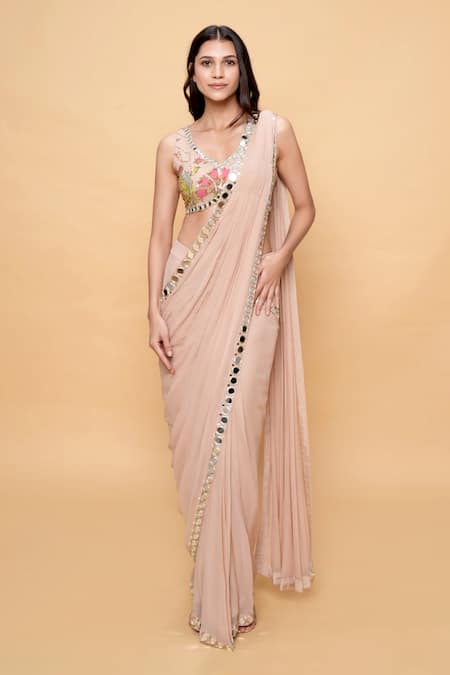 Sajeda A Lehry Beige Georgette Sequins, Embroidery Designer Pre-draped Saree And Blouse Set 
