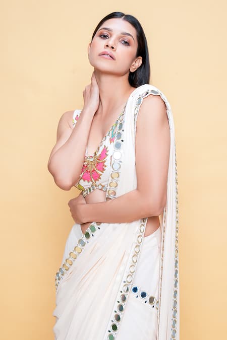 Sajeda A Lehry_Ivory Georgette Tassels, Embroidery Designer Pre-draped Saree And Blouse Set _Online_at_Aza_Fashions