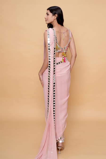 Shop Sajeda A Lehry Rose Gold Georgette Sequins, Mirrors, Beads Pre-draped Saree And Blouse Set at Aza Fashions Shop_Sajeda A Lehry_Rose Gold Georgette Sequins, Mirrors, Beads Pre-draped Saree And Blouse Set _at_Aza_Fashions