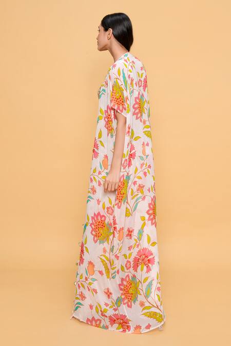 Sajeda A Lehry Ivory Georgette Mirrors, Embroidery V-neck Floral Print Cape Blouse Pant Set Online at Aza Fashions Sajeda A Lehry_Ivory Georgette Mirrors, Embroidery V-neck Floral Print Cape Blouse Pant Set _Online_at_Aza_Fashions