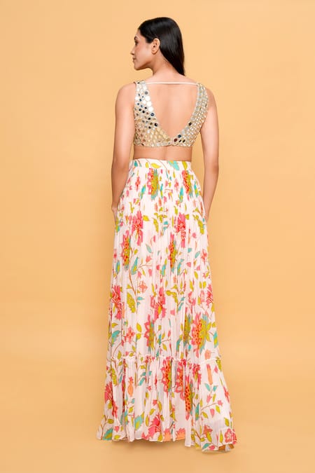 Shop Sajeda A Lehry Ivory Georgette Mirrors, Embroidery V-neck Floral Print Cape Blouse Pant Set at Aza Fashions Shop_Sajeda A Lehry_Ivory Georgette Mirrors, Embroidery V-neck Floral Print Cape Blouse Pant Set _at_Aza_Fashions