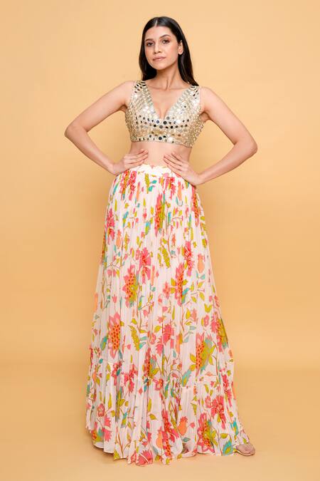 Sajeda A Lehry Ivory Georgette Mirrors, Embroidery V-neck Floral Print Cape Blouse Pant Set at Aza Fashions Sajeda A Lehry_Ivory Georgette Mirrors, Embroidery V-neck Floral Print Cape Blouse Pant Set _at_Aza_Fashions