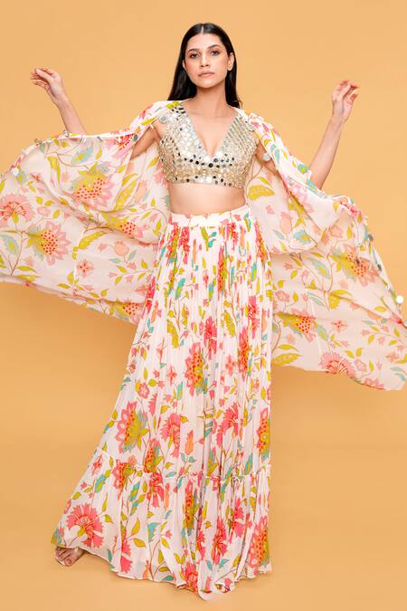 Buy Sajeda A Lehry Ivory Georgette Mirrors, Embroidery V-neck Floral Print Cape Blouse Pant Set Buy_Sajeda A Lehry_Ivory Georgette Mirrors, Embroidery V-neck Floral Print Cape Blouse Pant Set