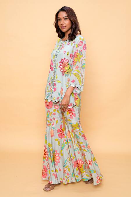 Sajeda A Lehry Aqua Silk, Crepe Embroidery Round Neck Floral Sharara And Short Kurta Set 