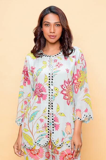 Sajeda A Lehry Aqua Silk, Crepe Embroidery Round Neck Floral Sharara And Short Kurta Set Online at Aza Fashions Sajeda A Lehry_Aqua Silk, Crepe Embroidery Round Neck Floral Sharara And Short Kurta Set _Online_at_Aza_Fashions