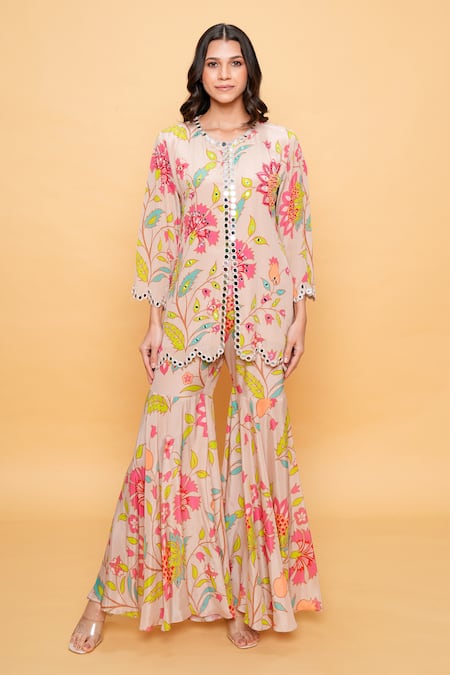 Sajeda A Lehry Beige Silk, Crepe Embroidery Round Neck Floral Hand Sharara Set 