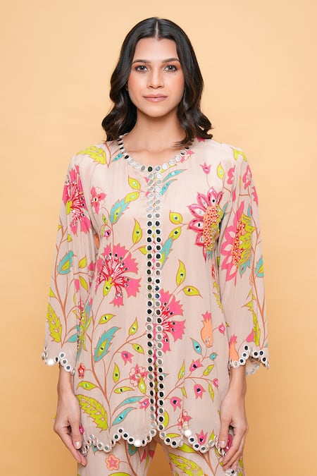 Sajeda A Lehry Beige Silk, Crepe Embroidery Round Neck Floral Hand Sharara Set Online at Aza Fashions Sajeda A Lehry_Beige Silk, Crepe Embroidery Round Neck Floral Hand Sharara Set _Online_at_Aza_Fashions