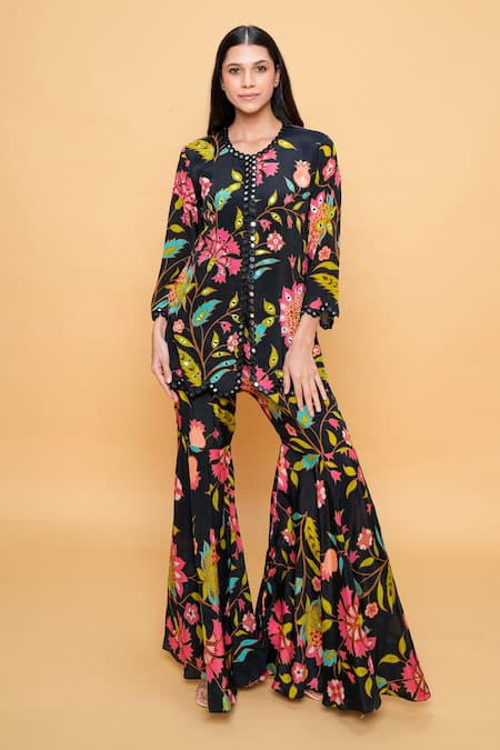 Sajeda A Lehry Black Silk, Crepe Embroidery Round Neck Floral Hand Sharara Set