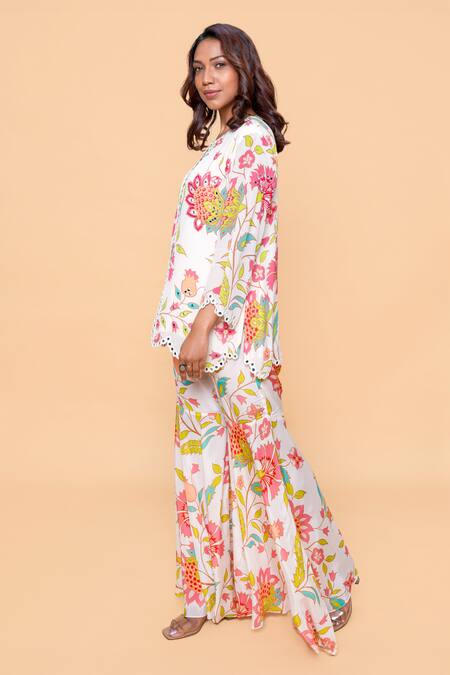 Sajeda A Lehry_Ivory Silk, Crepe Embroidery Round Neck Floral Hand Sharara Set _Online_at_Aza_Fashions