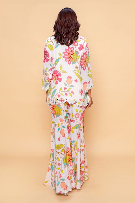 Shop_Sajeda A Lehry_Ivory Silk, Crepe Embroidery Round Neck Floral Hand Sharara Set _at_Aza_Fashions