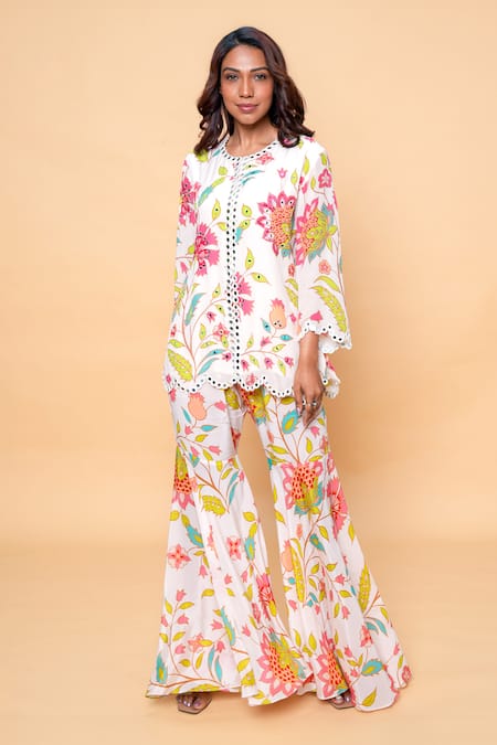 Sajeda A Lehry Ivory Silk, Crepe Embroidery Round Neck Floral Hand Sharara Set 