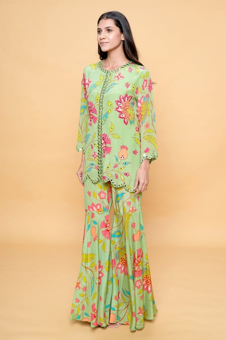 Sajeda A Lehry Green Silk, Crepe Embroidery Round Neck Floral Hand Sharara Set 