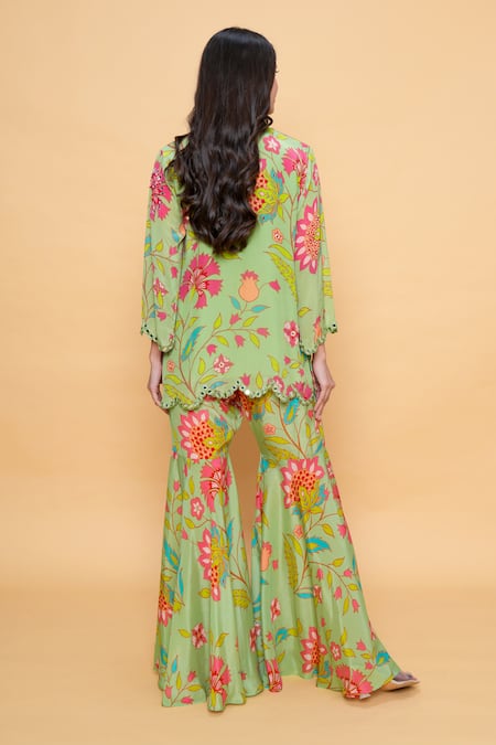 Shop_Sajeda A Lehry_Green Silk, Crepe Embroidery Round Neck Floral Hand Sharara Set _at_Aza_Fashions
