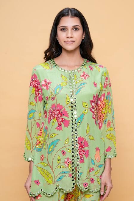 Sajeda A Lehry_Green Silk, Crepe Embroidery Round Neck Floral Hand Sharara Set _Online_at_Aza_Fashions