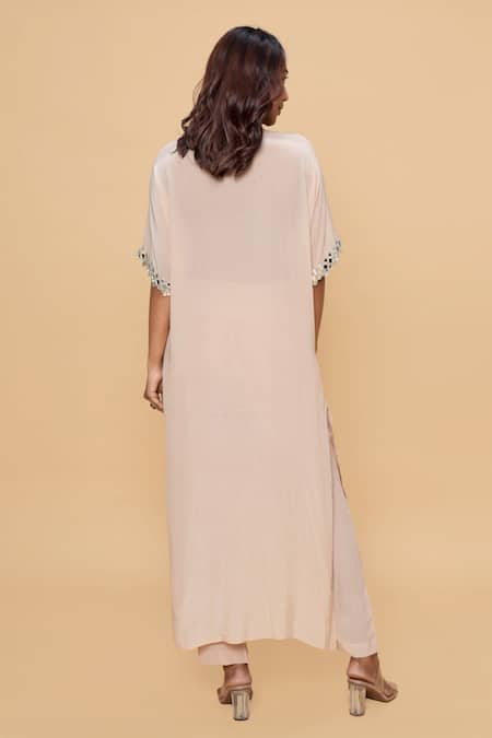 Shop Sajeda A Lehry Beige Silk, Crepe Embroidery V-neck Hand Kurta And Pant Set at Aza Fashions Shop_Sajeda A Lehry_Beige Silk, Crepe Embroidery V-neck Hand Kurta And Pant Set _at_Aza_Fashions