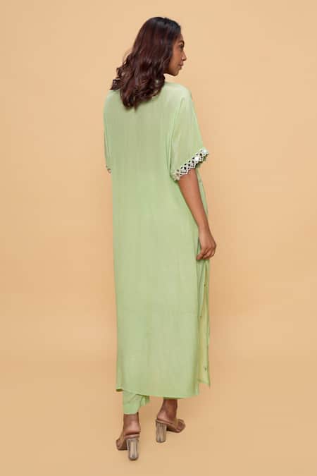 Shop_Sajeda A Lehry_Green Silk, Crepe Embroidery V-neck Hand Pista Kurta Set _at_Aza_Fashions