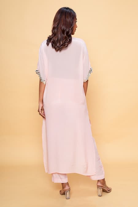 Shop Sajeda A Lehry Pink Silk, Crepe Sequins V-neck Hand Embroidered Kurta And Pant Set at Aza Fashions Shop_Sajeda A Lehry_Pink Silk, Crepe Sequins V-neck Hand Embroidered Kurta And Pant Set _at_Aza_Fashions