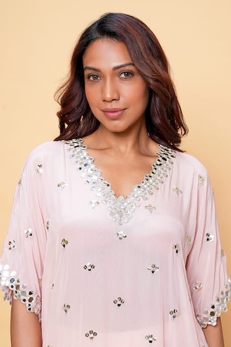 Sajeda A Lehry Pink Silk, Crepe Sequins V-neck Hand Embroidered Kurta And Pant Set Online at Aza Fashions Sajeda A Lehry_Pink Silk, Crepe Sequins V-neck Hand Embroidered Kurta And Pant Set _Online_at_Aza_Fashions