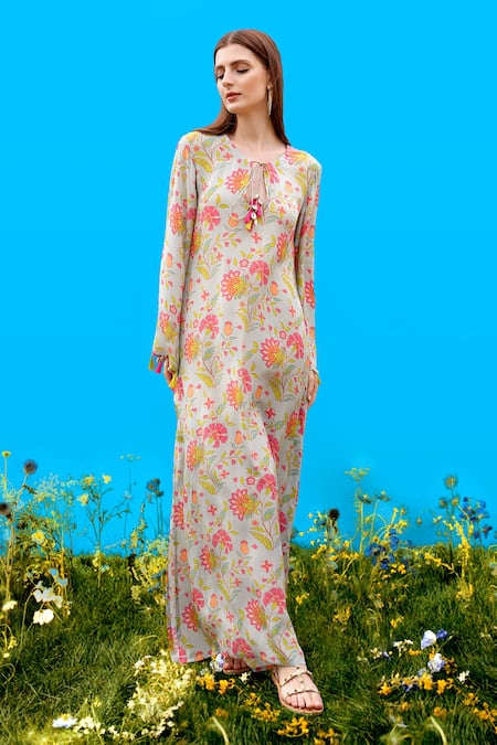 Sajeda A Lehry_Aqua Silk, Crepe Round Neck Digital Print Kurta _Online_at_Aza_Fashions
