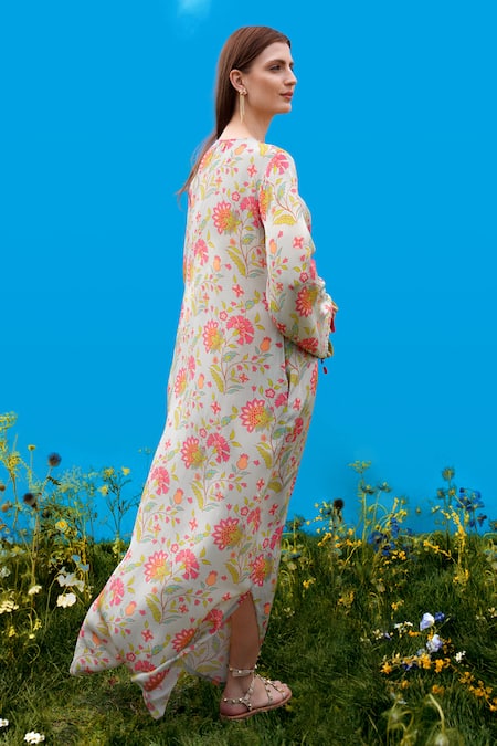 Shop_Sajeda A Lehry_Aqua Silk, Crepe Round Neck Digital Print Kurta _at_Aza_Fashions