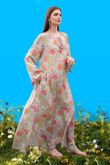 Buy_Sajeda A Lehry_Aqua Silk, Crepe Round Neck Digital Print Kurta _Online_at_Aza_Fashions