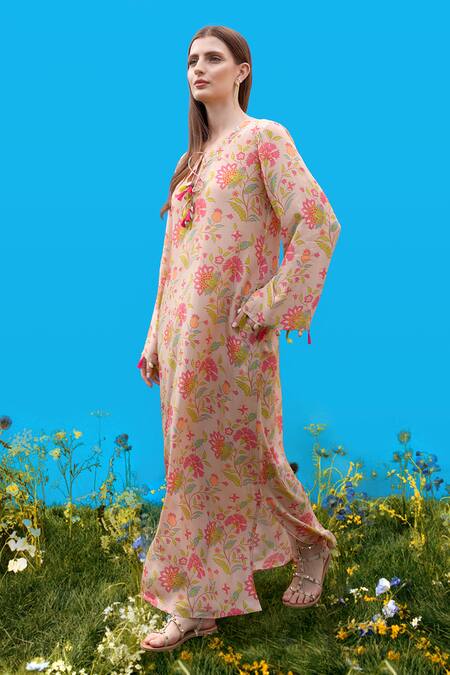 Sajeda A Lehry_Beige Silk, Crepe Round Neck Floral Digital Print Kurta _Online_at_Aza_Fashions