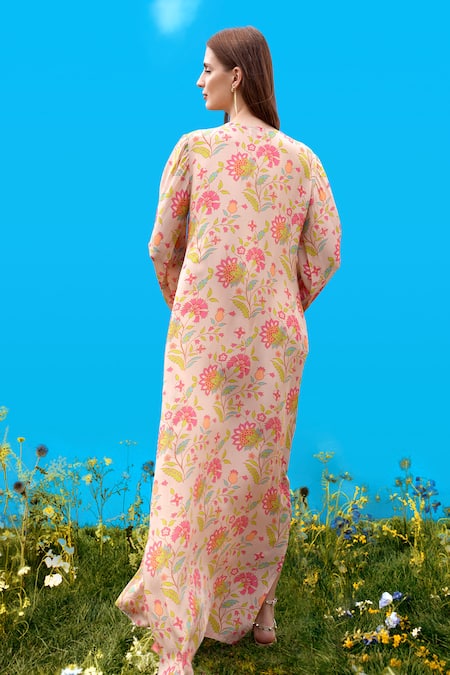 Shop_Sajeda A Lehry_Beige Silk, Crepe Round Neck Floral Digital Print Kurta _at_Aza_Fashions