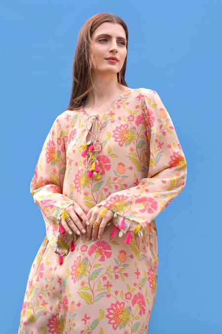 Buy_Sajeda A Lehry_Beige Silk, Crepe Round Neck Floral Digital Print Kurta _Online_at_Aza_Fashions