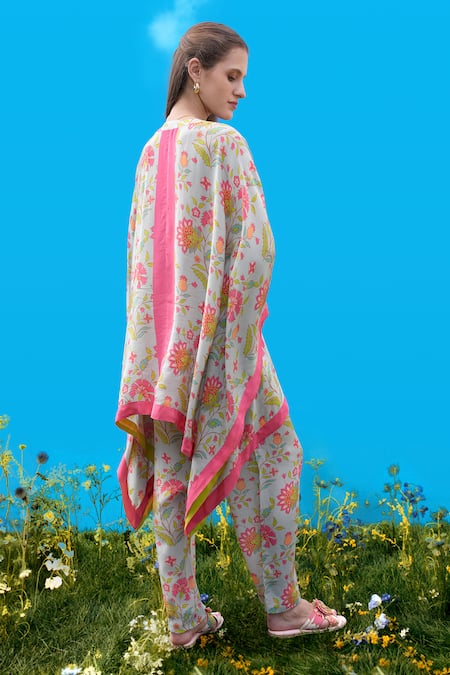 Shop_Sajeda A Lehry_Aqua Silk, Crepe Digital Print Kaftan And Pant Set _at_Aza_Fashions