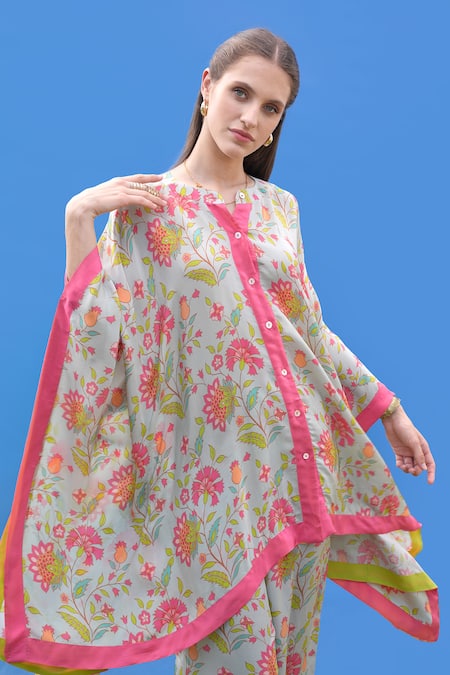 Sajeda A Lehry_Aqua Silk, Crepe Digital Print Kaftan And Pant Set _Online_at_Aza_Fashions