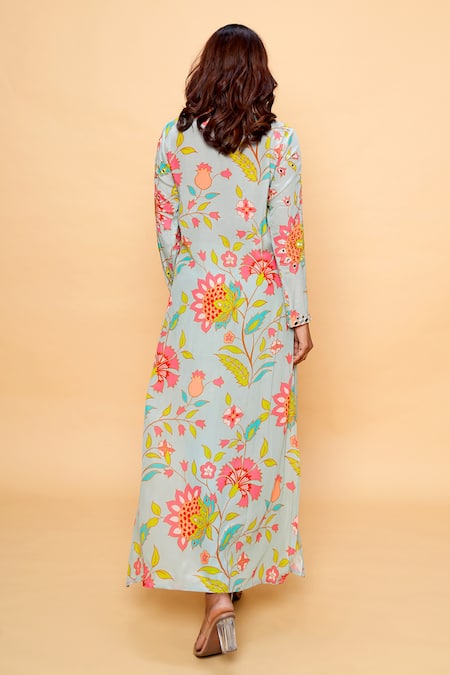 Shop Sajeda A Lehry Aqua Silk, Crepe Embroidery Round Neck Chandini Floral Kurta Set at Aza Fashions Shop_Sajeda A Lehry_Aqua Silk, Crepe Embroidery Round Neck Chandini Floral Kurta Set _at_Aza_Fashions