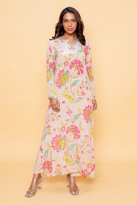Sajeda A Lehry Beige Silk, Crepe Embroidery Keyhole Neck Hand Floral Kurta And Pant Set 