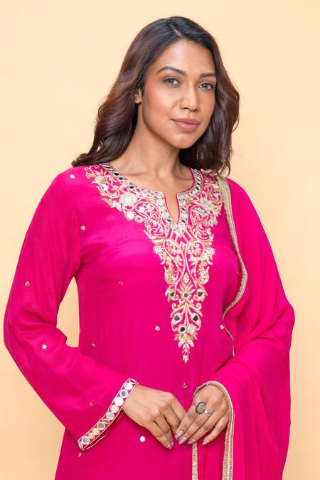 Sajeda A Lehry_Pink Silk, Crepe Embroidery, Sequins Split V-neck Hand Kurta Set _Online_at_Aza_Fashions