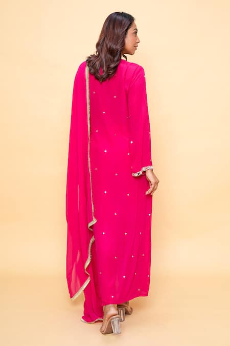 Shop_Sajeda A Lehry_Pink Silk, Crepe Embroidery, Sequins Split V-neck Hand Kurta Set _at_Aza_Fashions