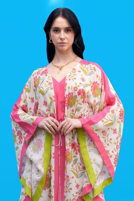 Sajeda A Lehry Ivory Silk, Crepe Tassels V-neck Digital Print Kaftan Online at Aza Fashions Sajeda A Lehry_Ivory Silk, Crepe Tassels V-neck Digital Print Kaftan _Online_at_Aza_Fashions