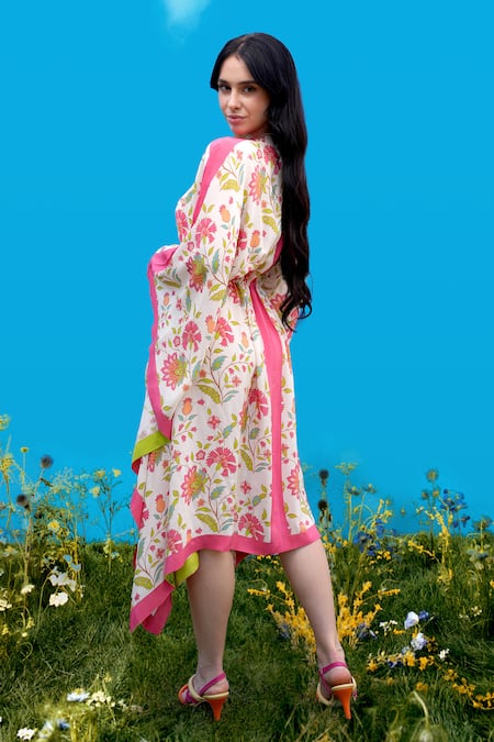 Shop Sajeda A Lehry Ivory Silk, Crepe Tassels V-neck Digital Print Kaftan at Aza Fashions Shop_Sajeda A Lehry_Ivory Silk, Crepe Tassels V-neck Digital Print Kaftan _at_Aza_Fashions