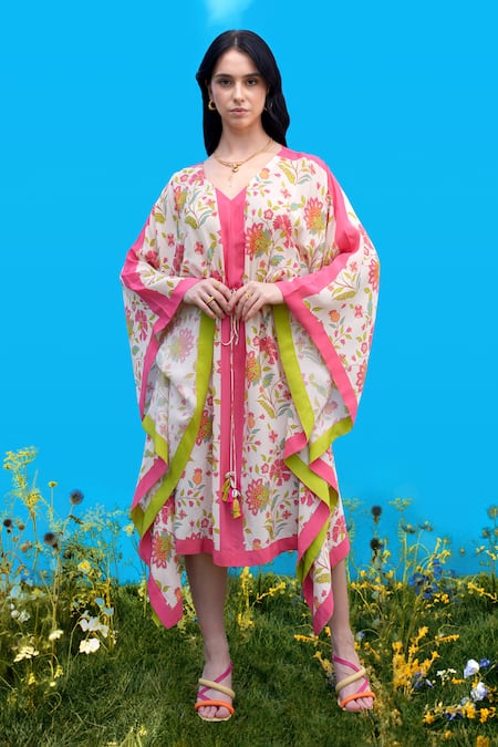 Sajeda A Lehry Ivory Silk, Crepe Tassels V-neck Digital Print Kaftan 