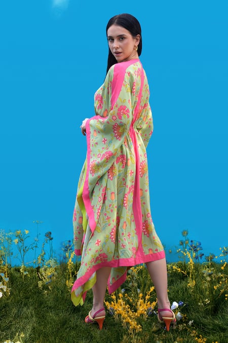 Shop_Sajeda A Lehry_Green Silk, Crepe V-neck Digital Print Kaftan _at_Aza_Fashions