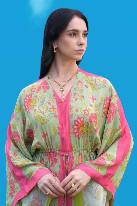 Sajeda A Lehry_Green Silk, Crepe V-neck Digital Print Kaftan _Online_at_Aza_Fashions