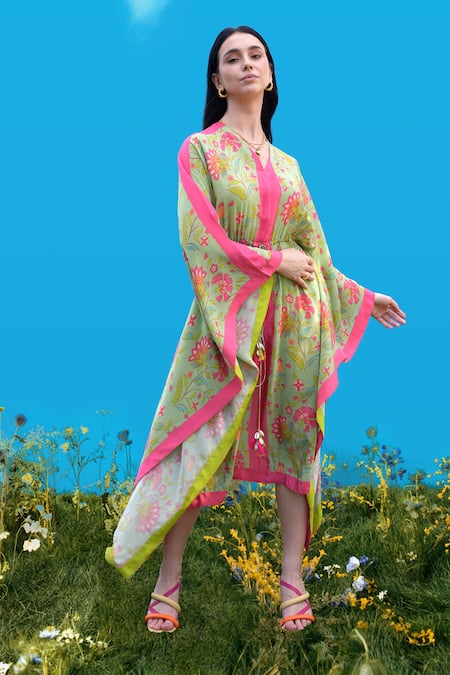 Sajeda A Lehry Green Silk, Crepe V-neck Digital Print Kaftan 