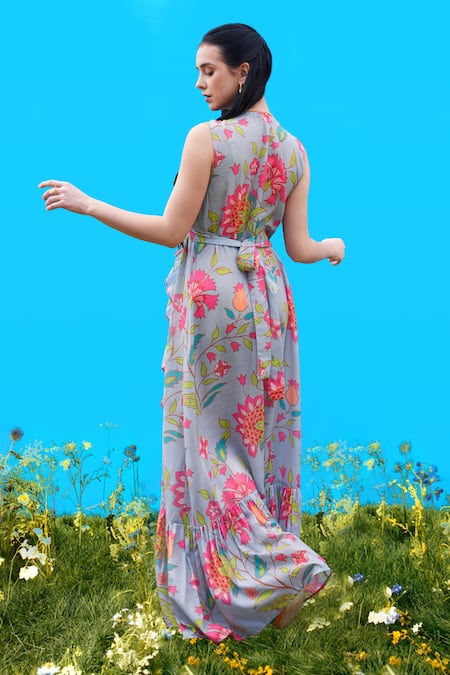 Shop_Sajeda A Lehry_Aqua Cotton V-neck Eden Long Floral Dress _at_Aza_Fashions
