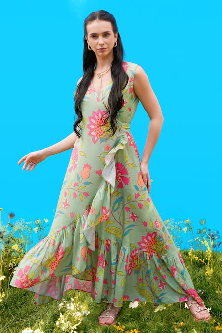 Sajeda A Lehry Green Cotton V-neck Eden Long Pista Dress 