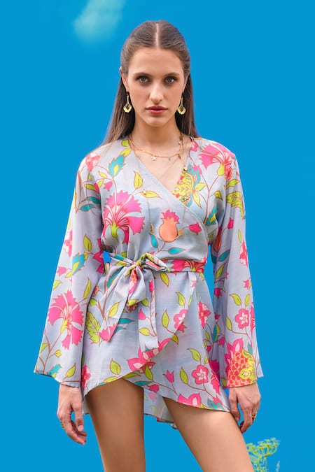 Shop_Sajeda A Lehry_Aqua Cotton V-neck Eden Short Floral Dress _at_Aza_Fashions