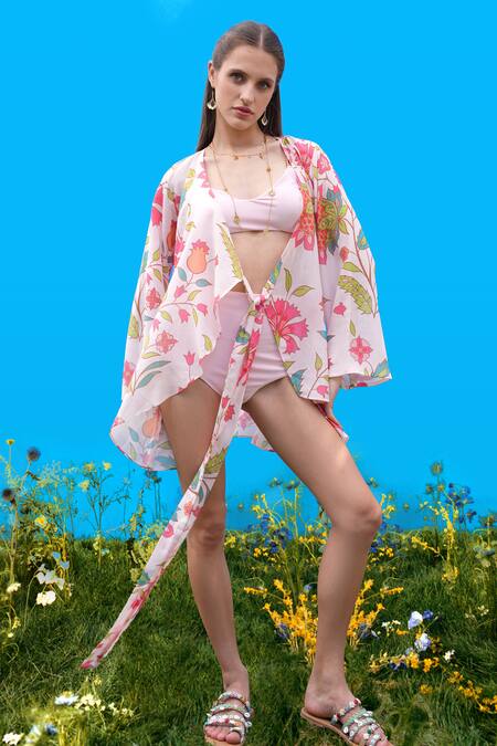 Buy_Sajeda A Lehry_Ivory Cotton V-neck Floral Print Designer Dress _Online_at_Aza_Fashions